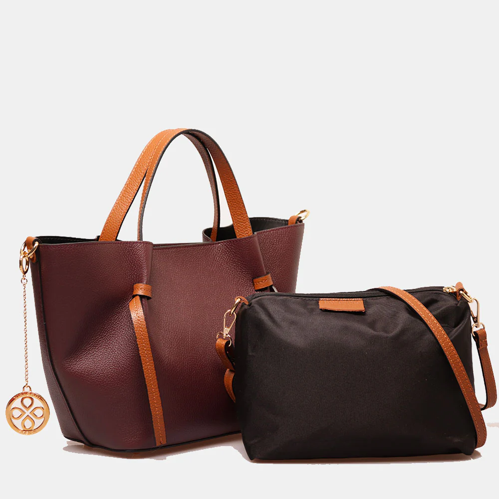 Borsa a Mano con Tracolla VIAVERDI in Pelle Bordeaux e Marrone Made in Italy linea Castiglione - Image 4