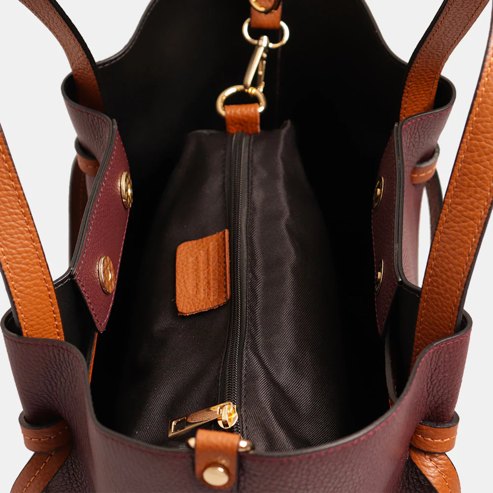 Borsa a Mano con Tracolla VIAVERDI in Pelle Bordeaux e Marrone Made in Italy linea Castiglione - Image 5