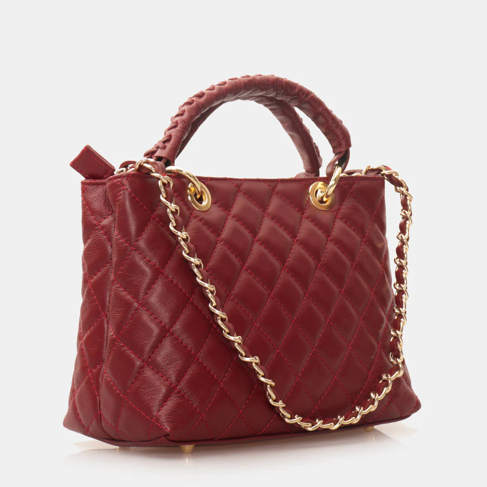 Borsa a Mano con Tracolla VIAVERDI in Pelle Bordeaux Matelassè Made in Italy linea Saturnia - Image 4