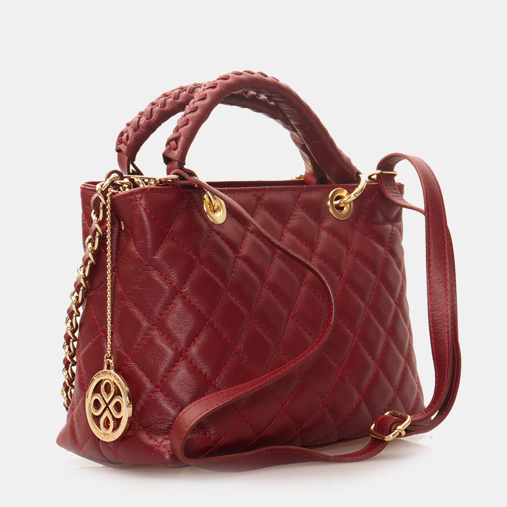 Borsa a Mano con Tracolla VIAVERDI in Pelle Bordeaux Matelassè Made in Italy linea Saturnia - Image 5