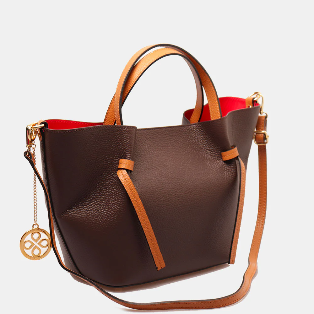 Borsa a Mano con Tracolla VIAVERDI in Pelle Marrone Scuro e Cuoio Made in Italy linea Castiglione - Image 3