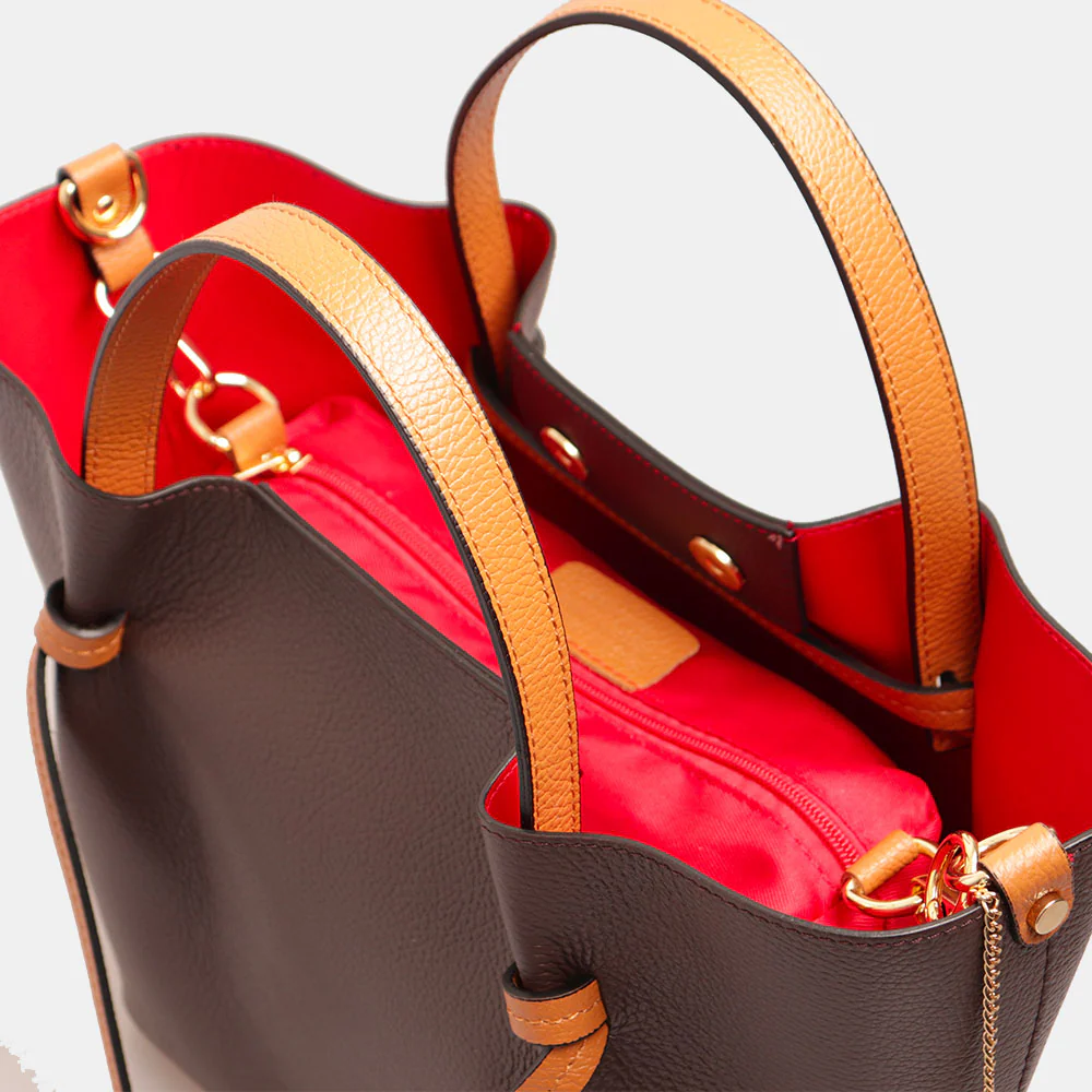 Borsa a Mano con Tracolla VIAVERDI in Pelle Marrone Scuro e Cuoio Made in Italy linea Castiglione - Image 6