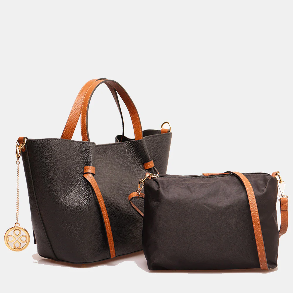 Borsa a Mano con Tracolla VIAVERDI in Pelle Nera e Marrone Made in Italy linea Castiglione - Image 4