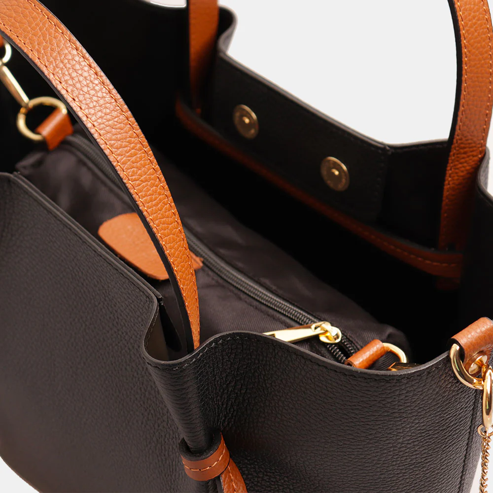 Borsa a Mano con Tracolla VIAVERDI in Pelle Nera e Marrone Made in Italy linea Castiglione - Image 5