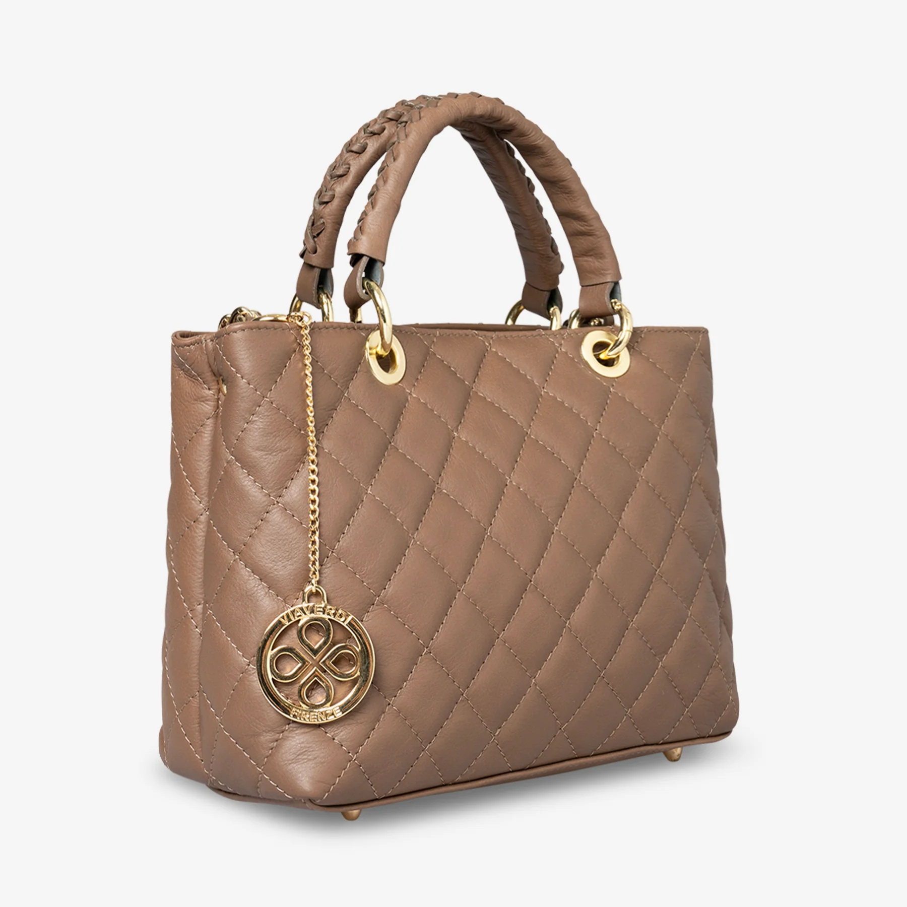 Borsa a Mano con Tracolla VIAVERDI in Pelle Taupe Matelassè Made in Italy linea Saturnia - Image 4