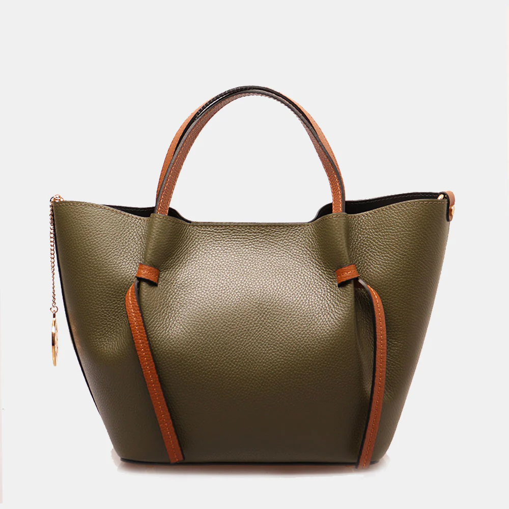 Borsa a Mano con Tracolla VIAVERDI in Pelle Verde e Marrone Made in Italy linea Castiglione