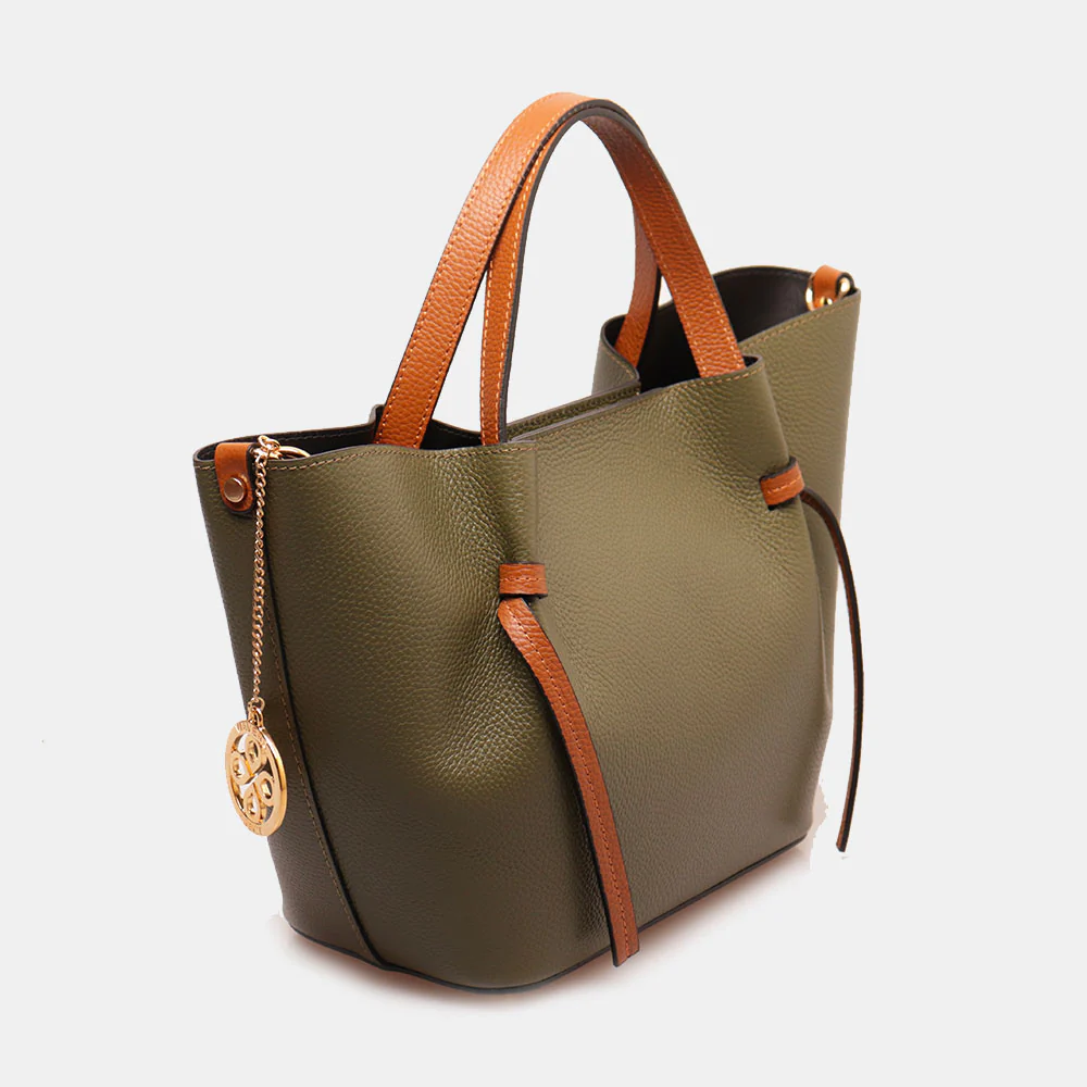 Borsa a Mano con Tracolla VIAVERDI in Pelle Verde e Marrone Made in Italy linea Castiglione - Image 2