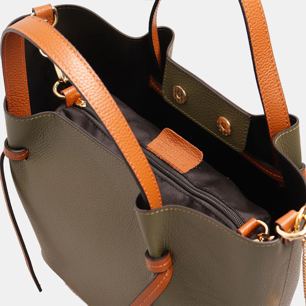 Borsa a Mano con Tracolla VIAVERDI in Pelle Verde e Marrone Made in Italy linea Castiglione - Image 7