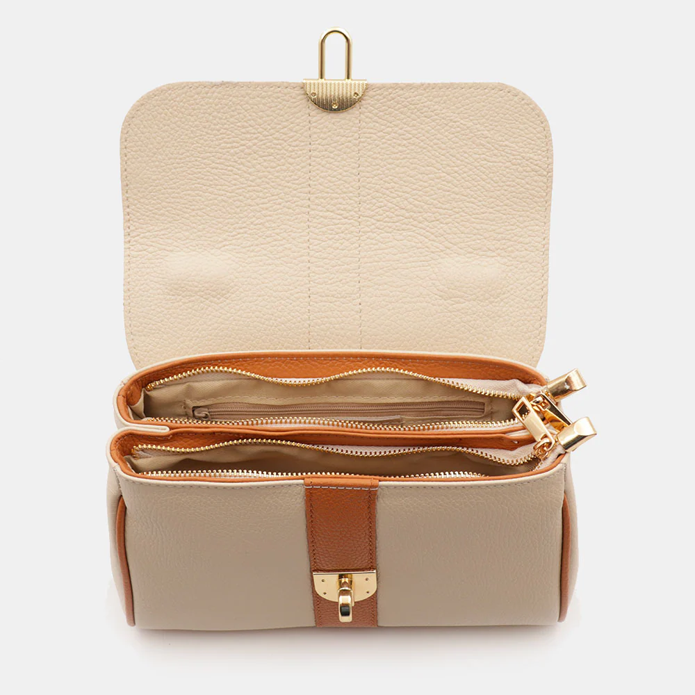 Borsa a Mano VIAVERDI in Pelle Beige e Cuoio Made in Italy linea Montalcino - Image 7