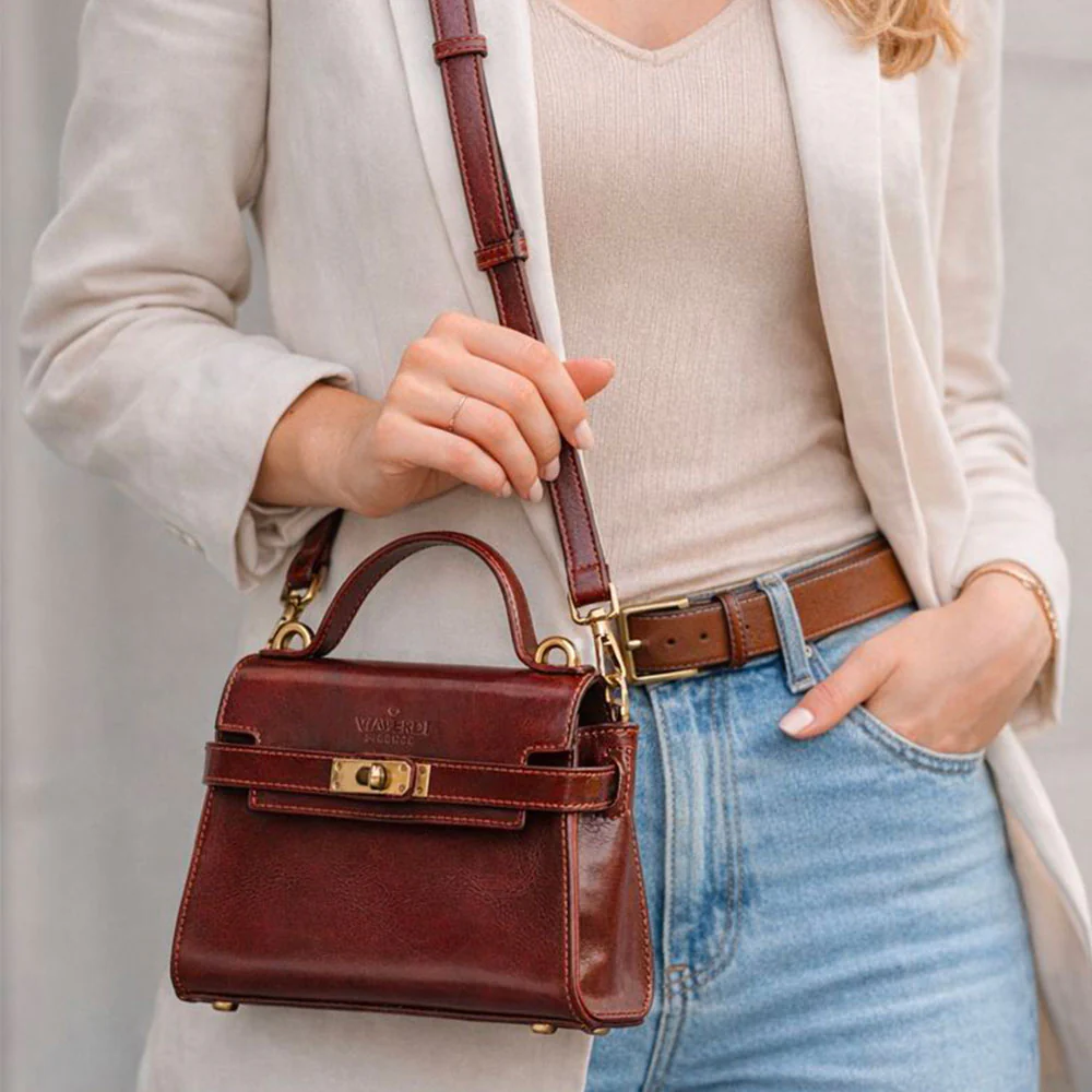 Borsa a Mano VIAVERDI in Pelle Marrone Made in Italy linea Firenze - Image 2