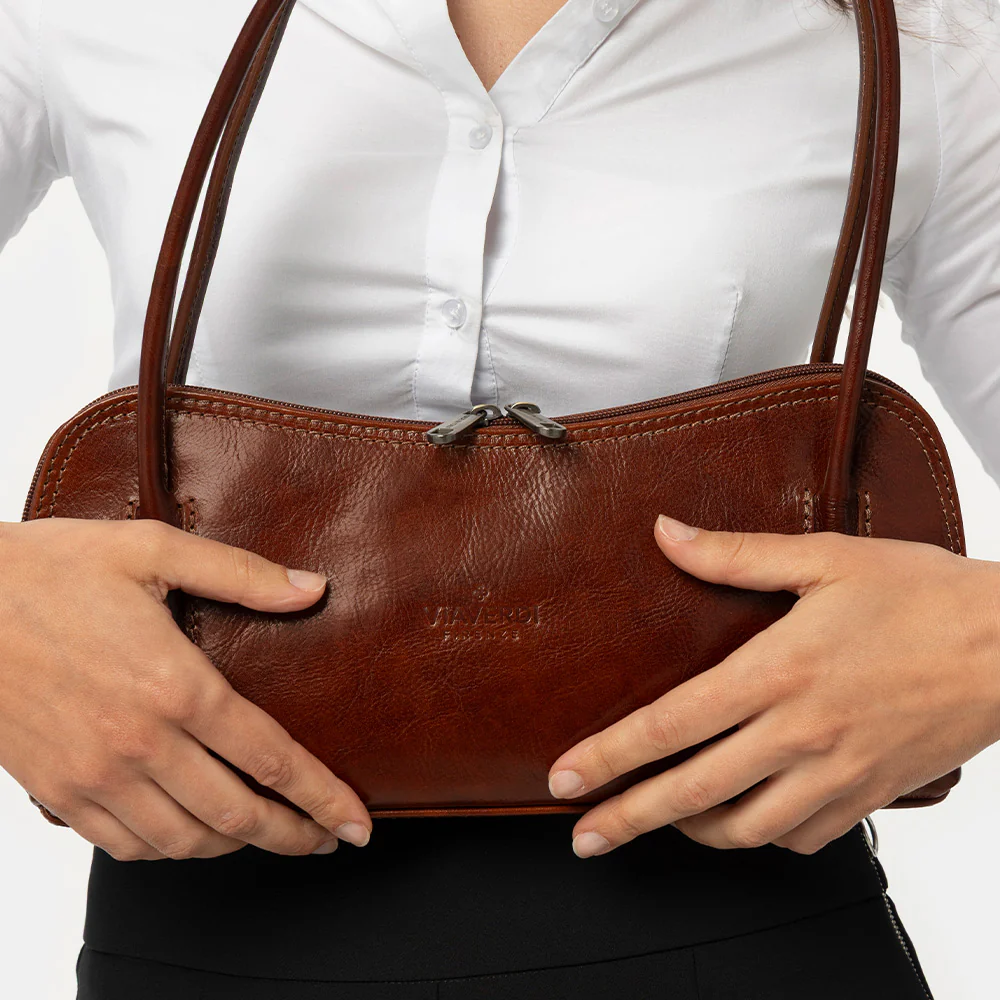 Borsa a Spalla VIAVERDI in Pelle Marrone Testa di Moro Made in Italy linea Firenze - Image 11