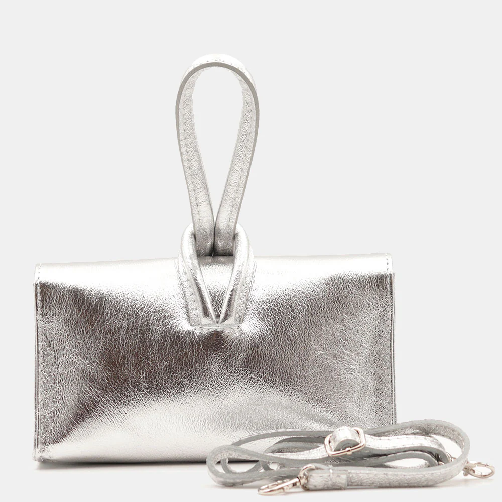 Borsa Clutch a Mano con Tracolla VIAVERDI in Pelle Argento Made in Italy linea Castiglione - Image 6