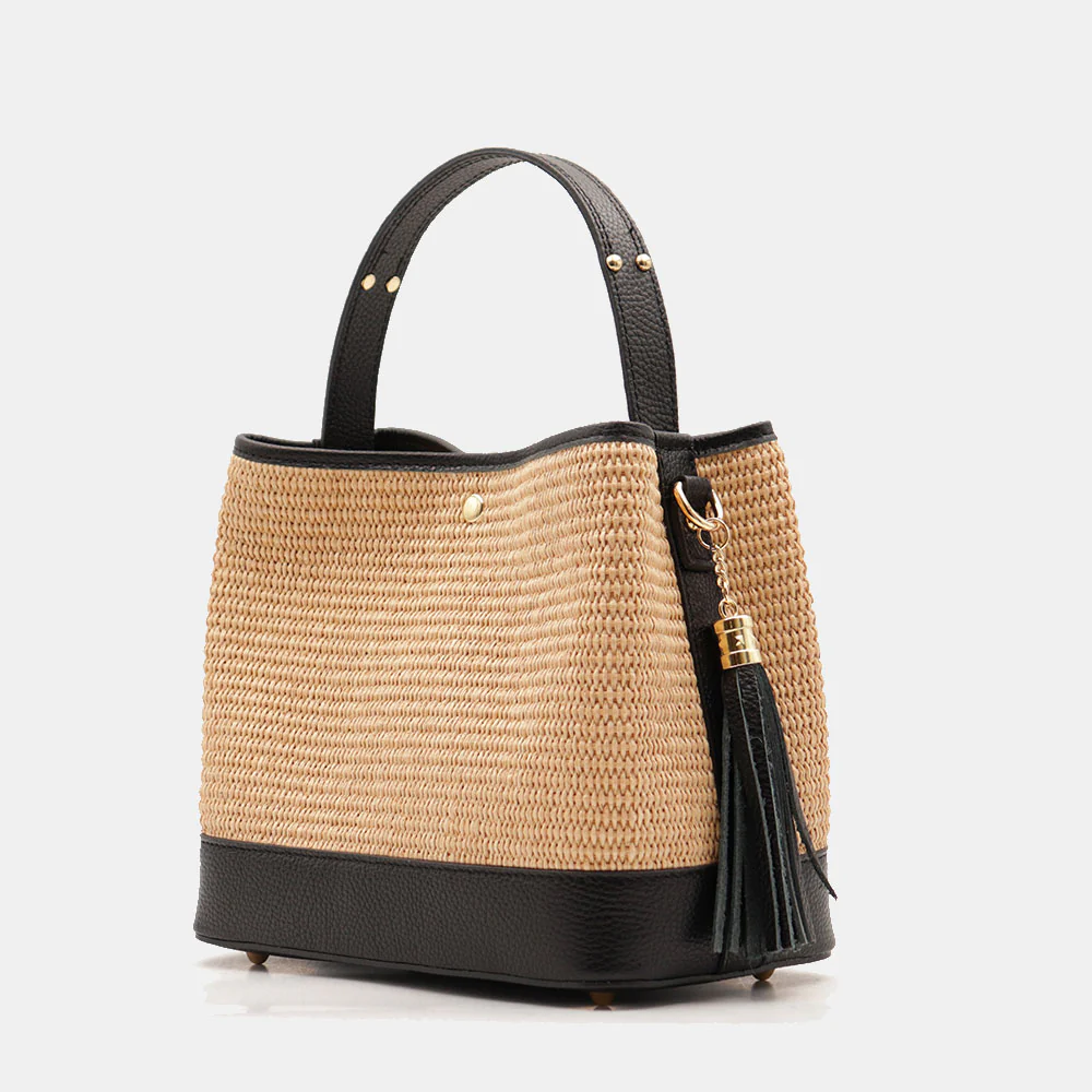 Borsa Donna Secchiello a Mano VIAVERDI in Pelle Nera e Rafia Made in Italy linea Fiesole - Image 3