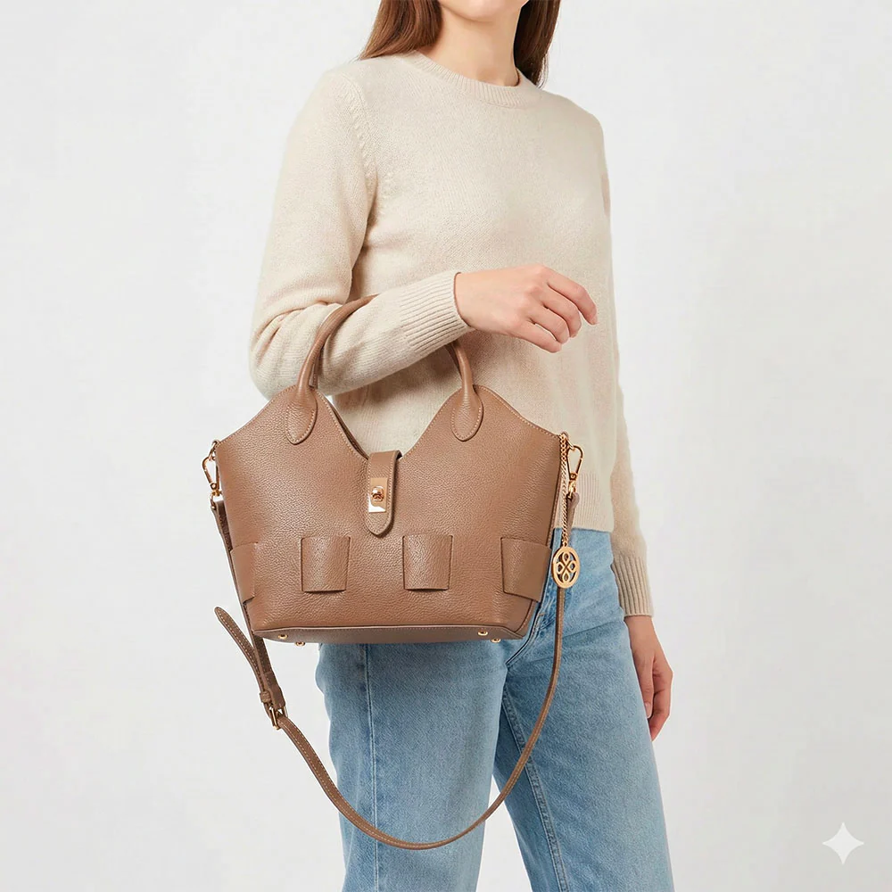 Borsa Donna a Mano con Tracolla VIAVERDI in Pelle Taupe Made in Italy linea Artimino - Image 3