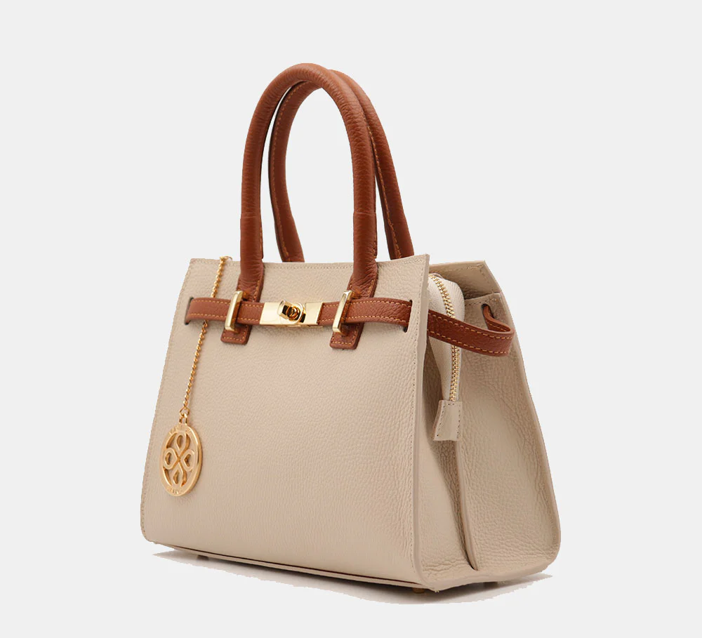 Borsa Donna a Mano VIAVERDI in Pelle Avorio e Cuoio Made in Italy linea Artimino - Image 3