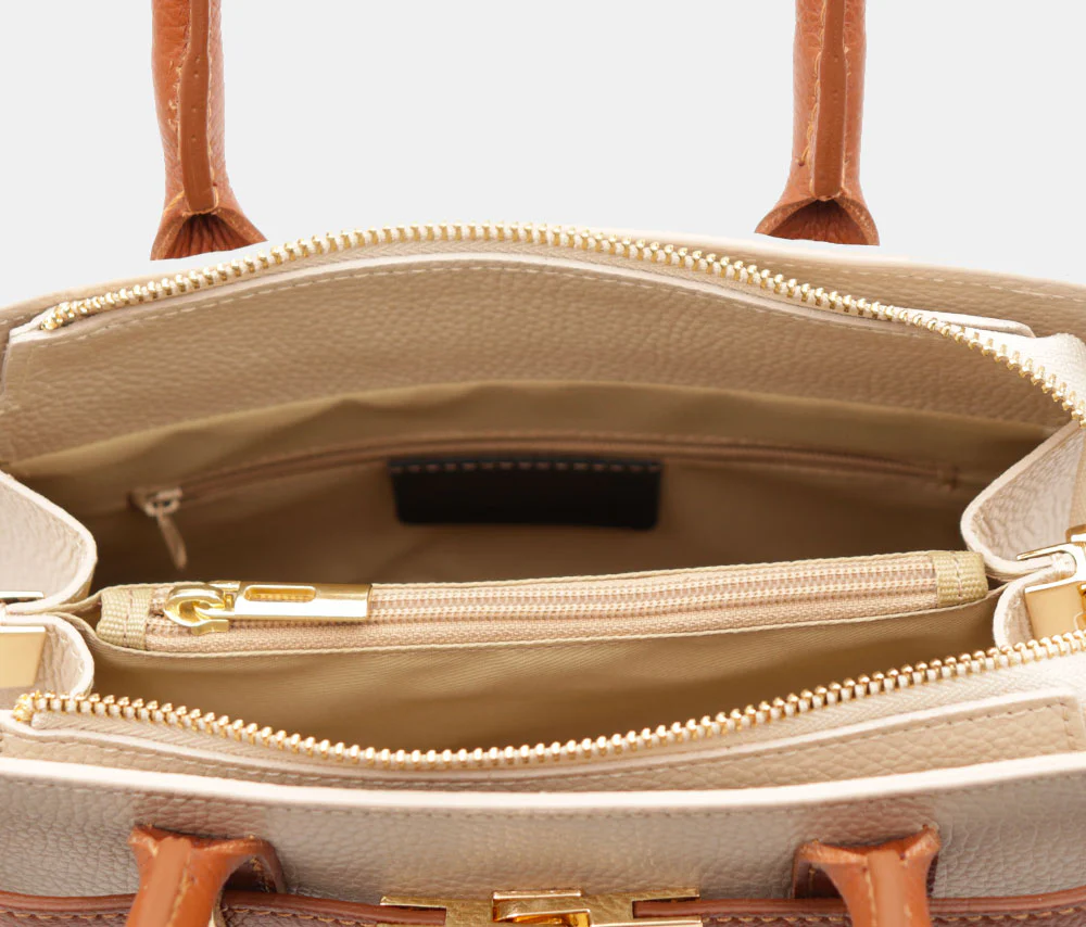 Borsa Donna a Mano VIAVERDI in Pelle Avorio e Cuoio Made in Italy linea Artimino - Image 7