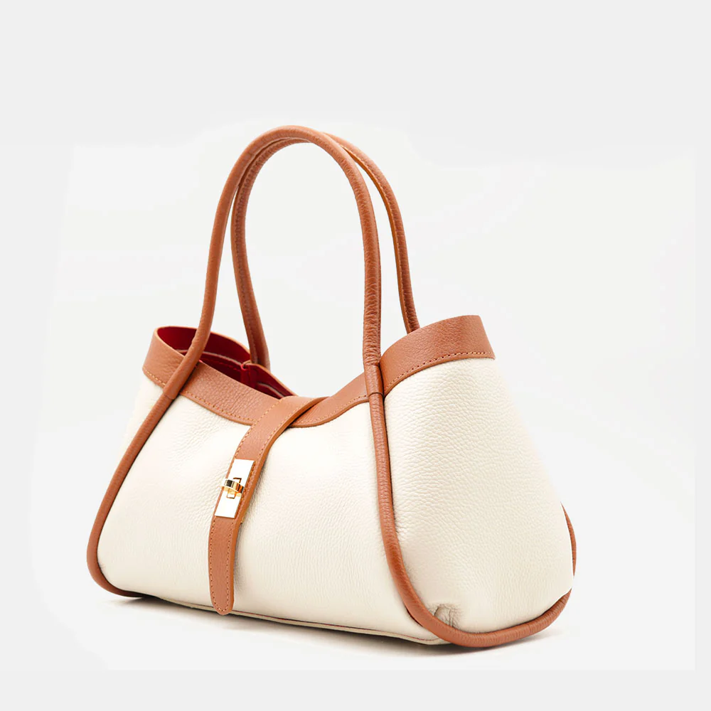 Borsa Donna a Mano VIAVERDI in Pelle Beige e Cuoio Made in Italy linea Cortona - Image 3