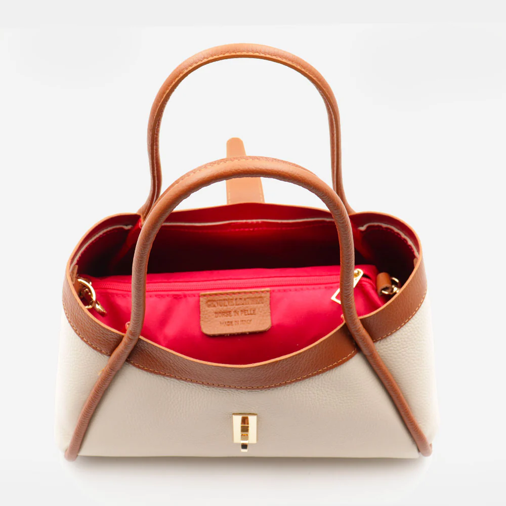 Borsa Donna a Mano VIAVERDI in Pelle Beige e Cuoio Made in Italy linea Cortona - Image 9
