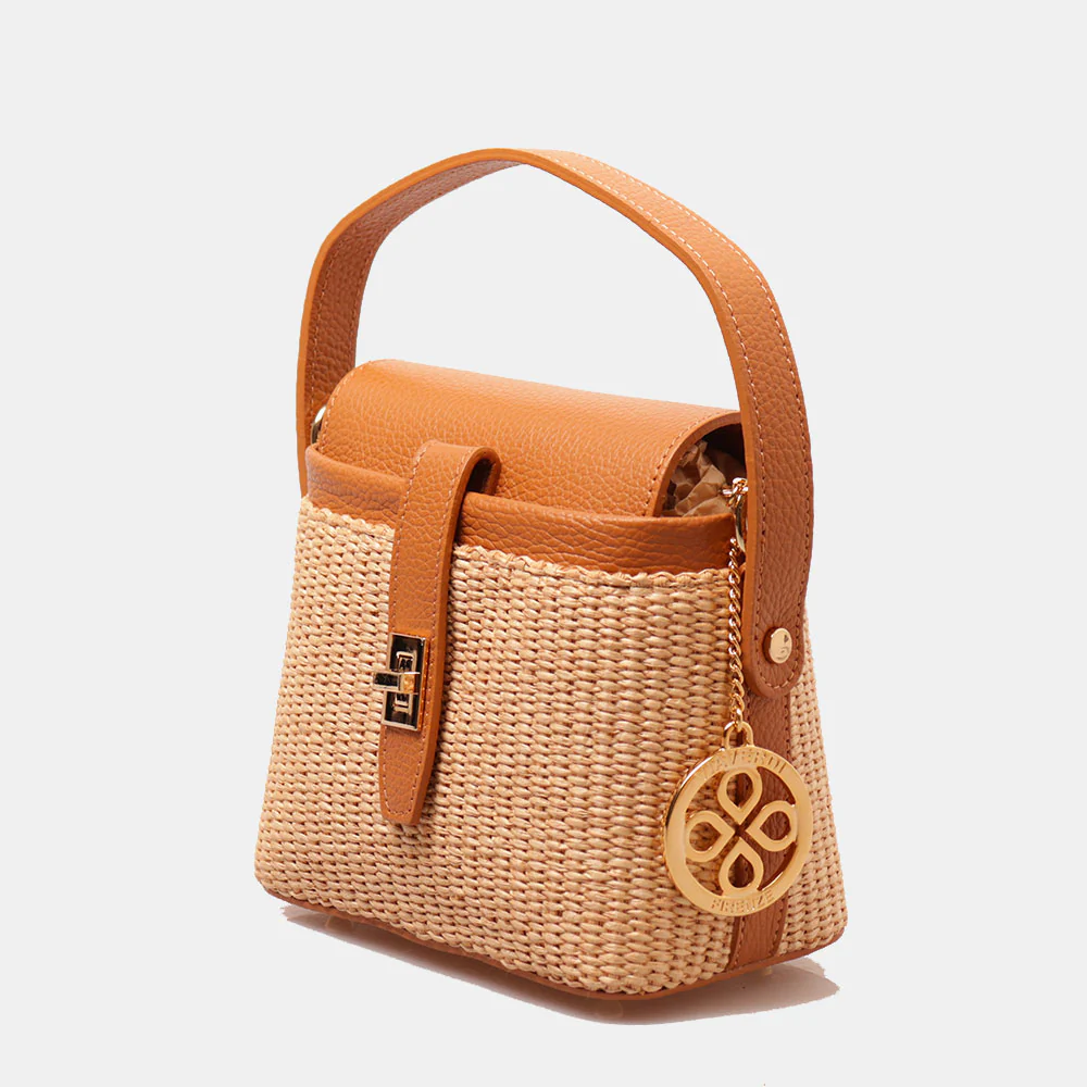 Borsa Donna a Mano VIAVERDI in Pelle color Cuoio e Rafia Made in Italy Linea Montalcino - Image 2