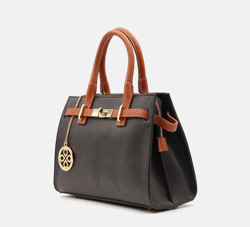 Borsa Donna a Mano VIAVERDI in Pelle Nera e Cuoio Made in Italy linea Artimino - Image 3
