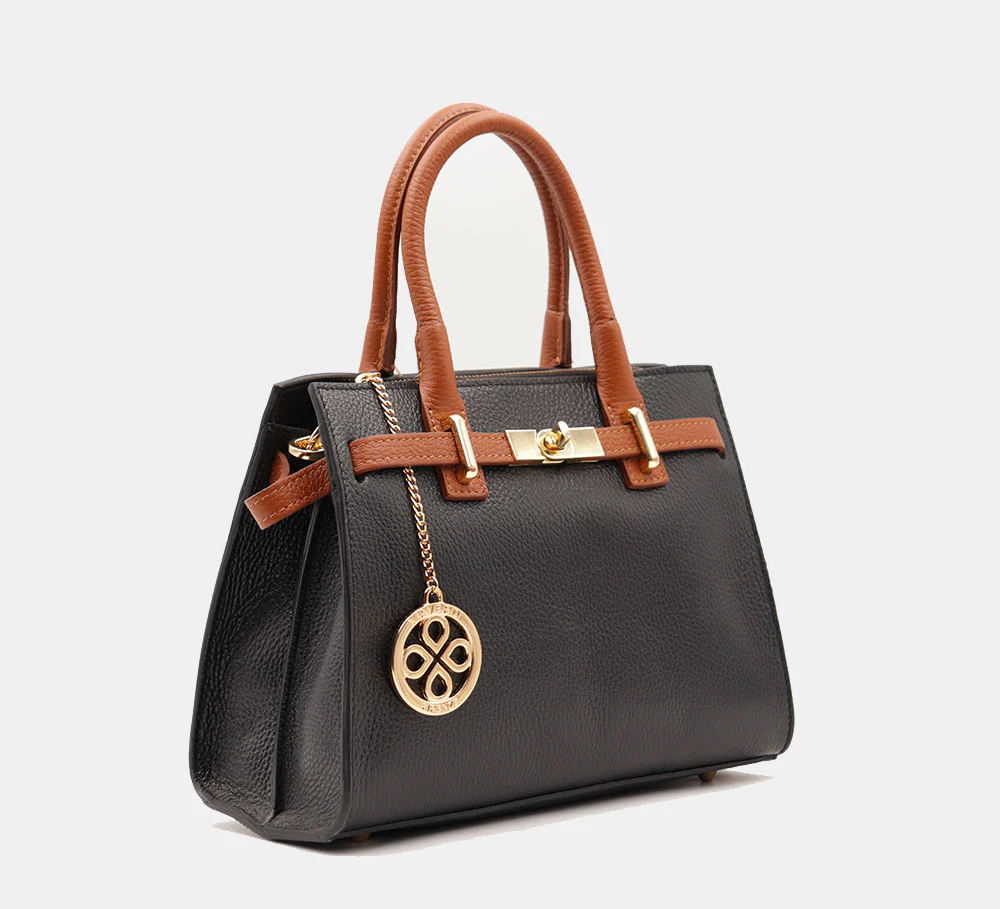 Borsa Donna a Mano VIAVERDI in Pelle Nera e Cuoio Made in Italy linea Artimino - Image 4
