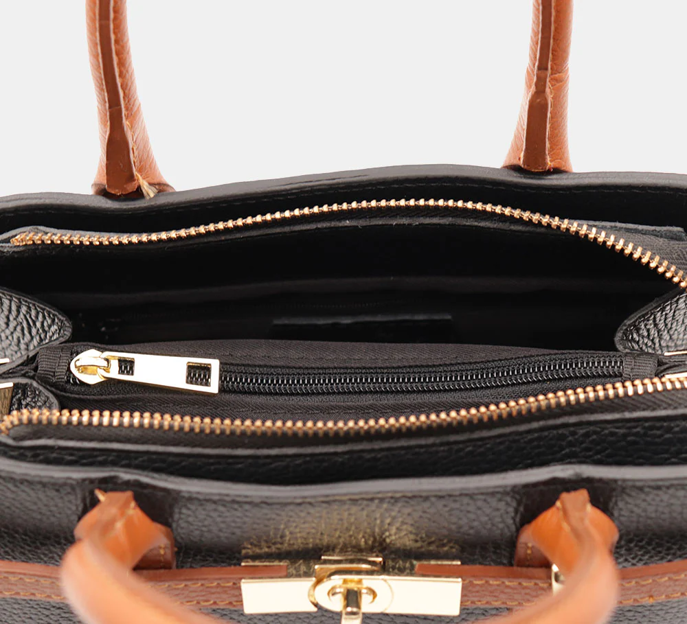 Borsa Donna a Mano VIAVERDI in Pelle Nera e Cuoio Made in Italy linea Artimino - Image 7