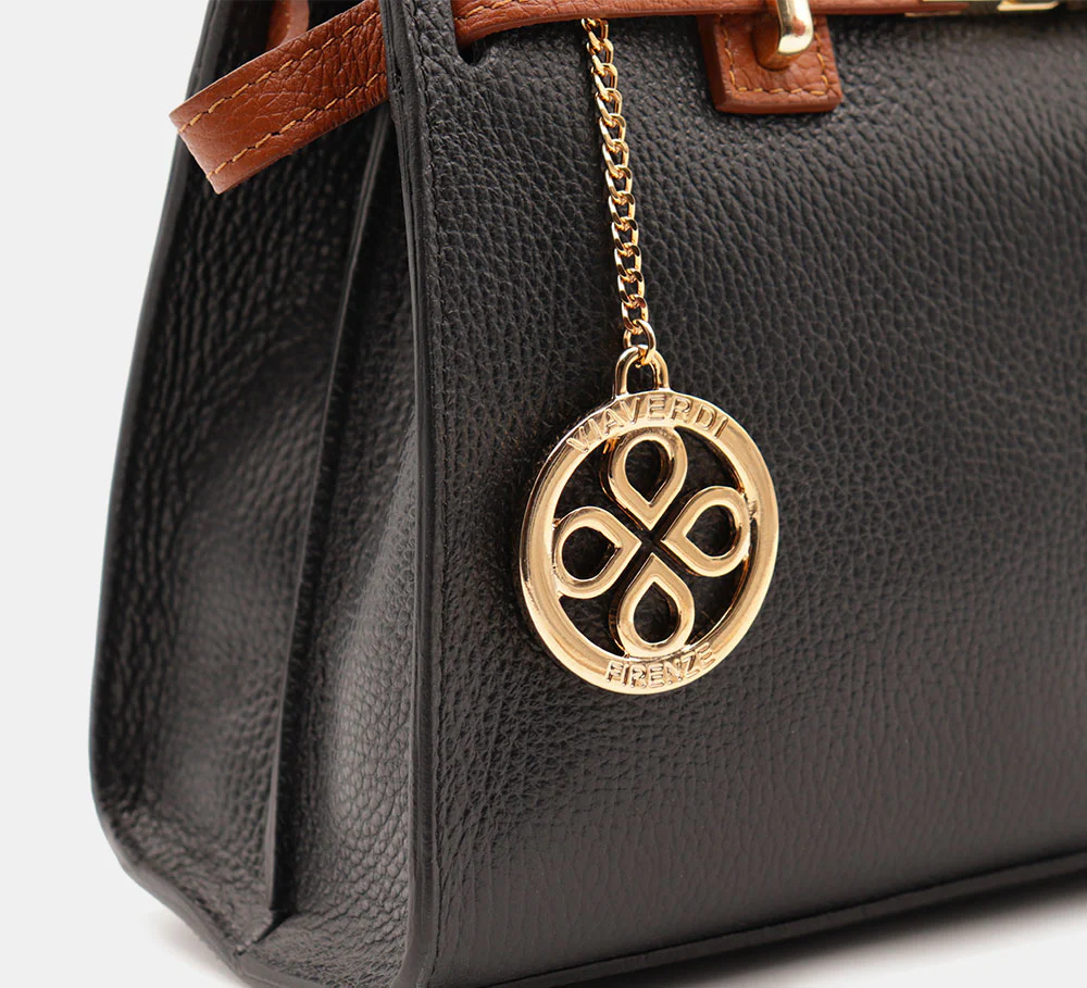 Borsa Donna a Mano VIAVERDI in Pelle Nera e Cuoio Made in Italy linea Artimino - Image 9