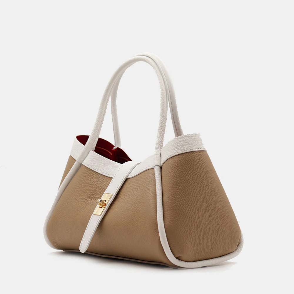 Borsa Donna a Mano VIAVERDI in Pelle Taupe e Bianca Made in Italy linea Cortona - Image 3