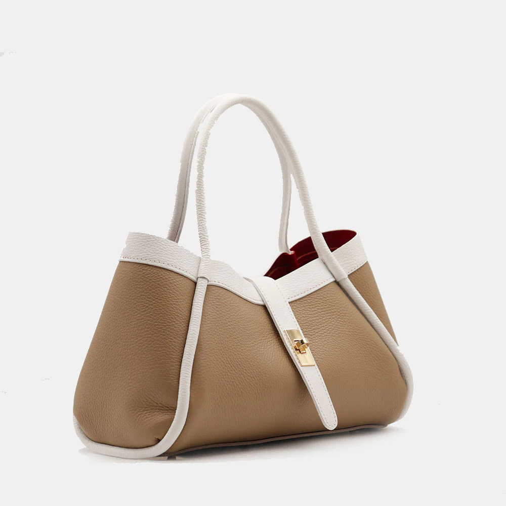 Borsa Donna a Mano VIAVERDI in Pelle Taupe e Bianca Made in Italy linea Cortona - Image 4