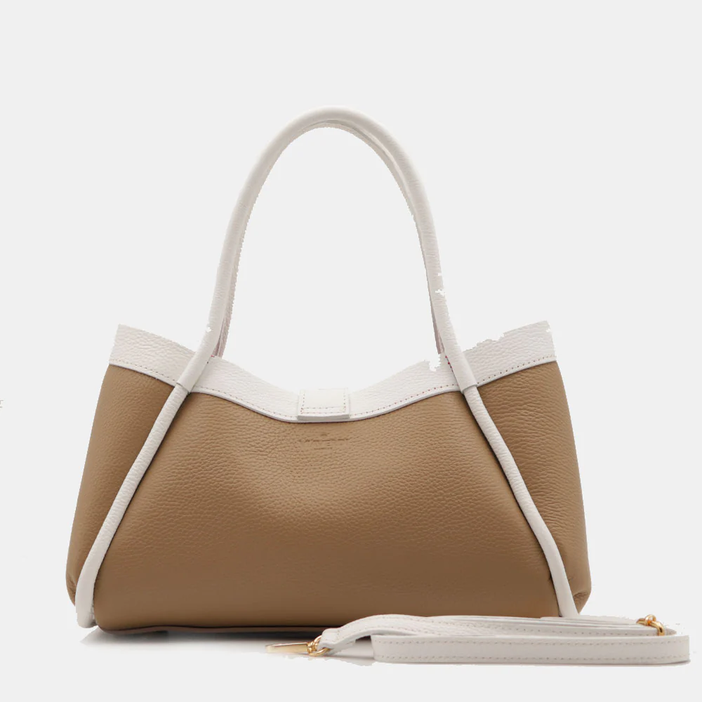 Borsa Donna a Mano VIAVERDI in Pelle Taupe e Bianca Made in Italy linea Cortona - Image 5