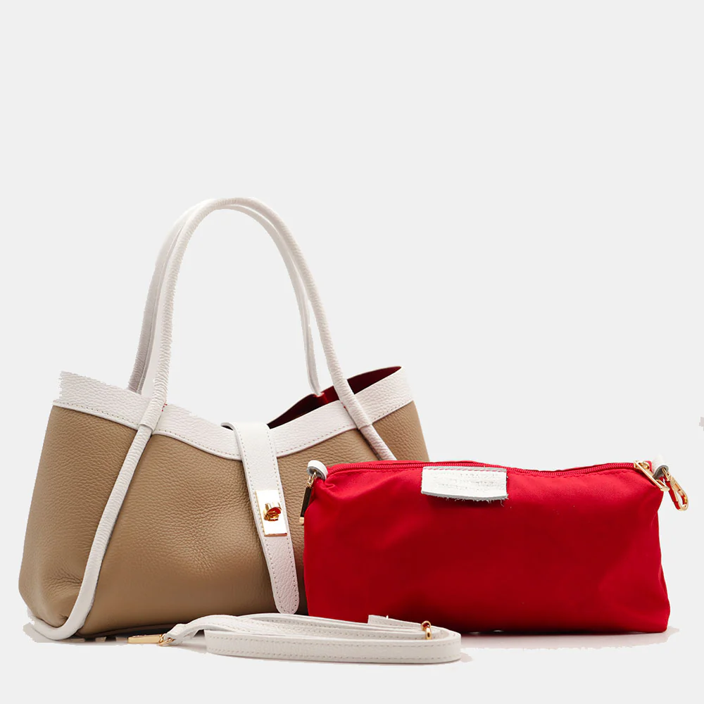 Borsa Donna a Mano VIAVERDI in Pelle Taupe e Bianca Made in Italy linea Cortona - Image 9