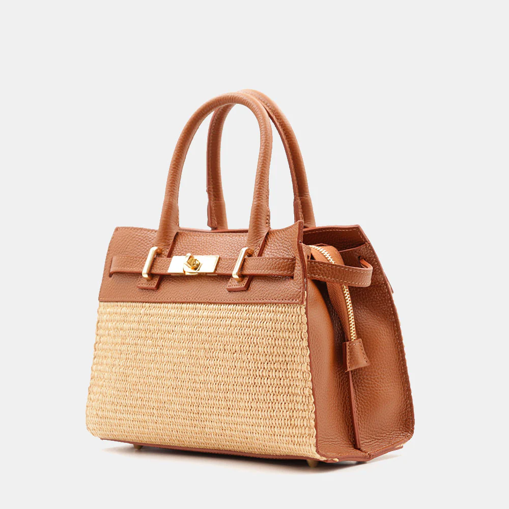 Borsa Donna a Mano VIAVERDI in Rafia e Pelle Color Cuoio Made in Italy linea Artimino - Image 3