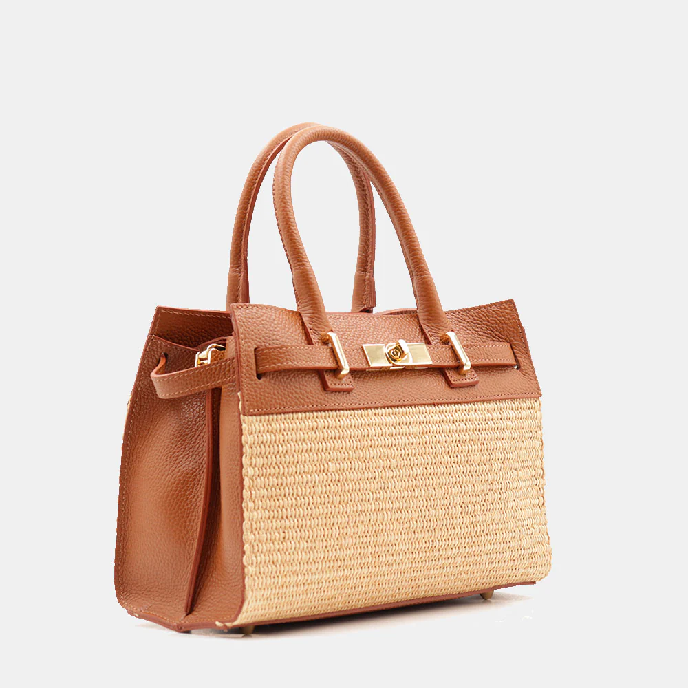 Borsa Donna a Mano VIAVERDI in Rafia e Pelle Color Cuoio Made in Italy linea Artimino - Image 5