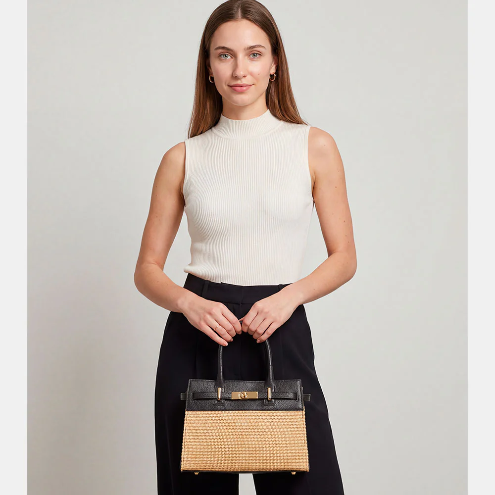 Borsa Donna a Mano VIAVERDI in Rafia e Pelle Nera Made in Italy linea Artimino - Image 2