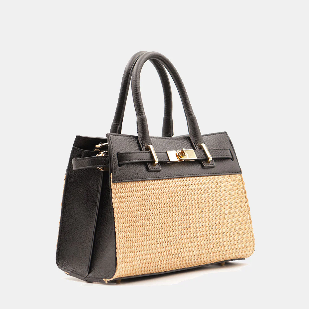 Borsa Donna a Mano VIAVERDI in Rafia e Pelle Nera Made in Italy linea Artimino - Image 4
