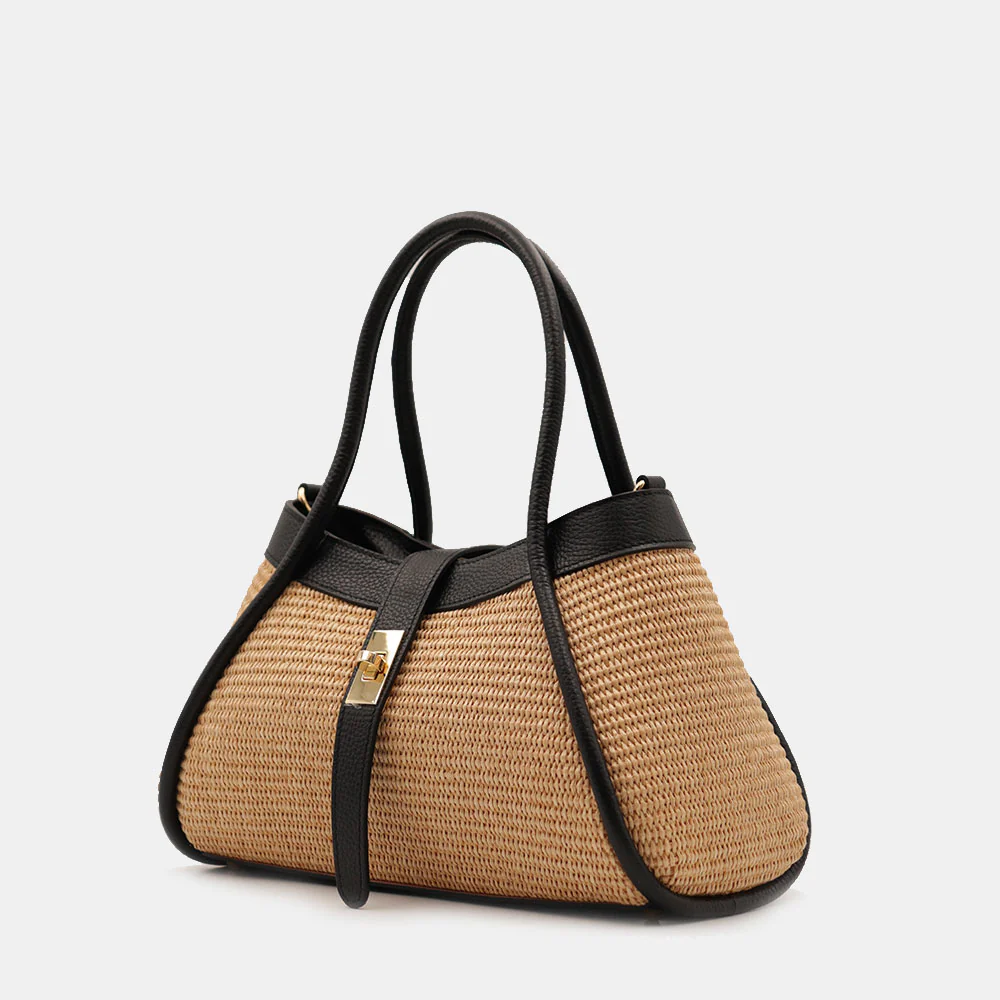 Borsa Donna a Mano VIAVERDI in Rafia e Pelle Nera Made in Italy linea Cortona - Image 3