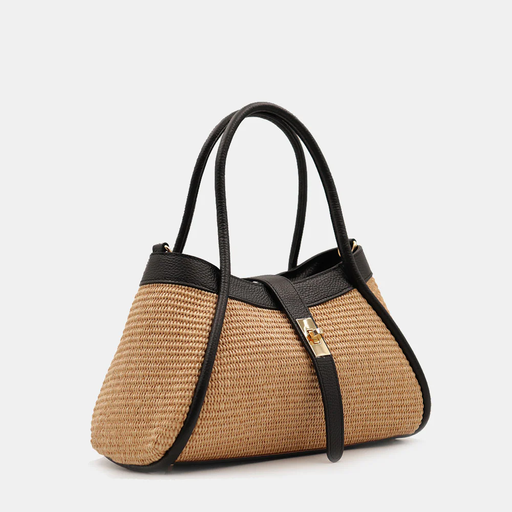 Borsa Donna a Mano VIAVERDI in Rafia e Pelle Nera Made in Italy linea Cortona - Image 4