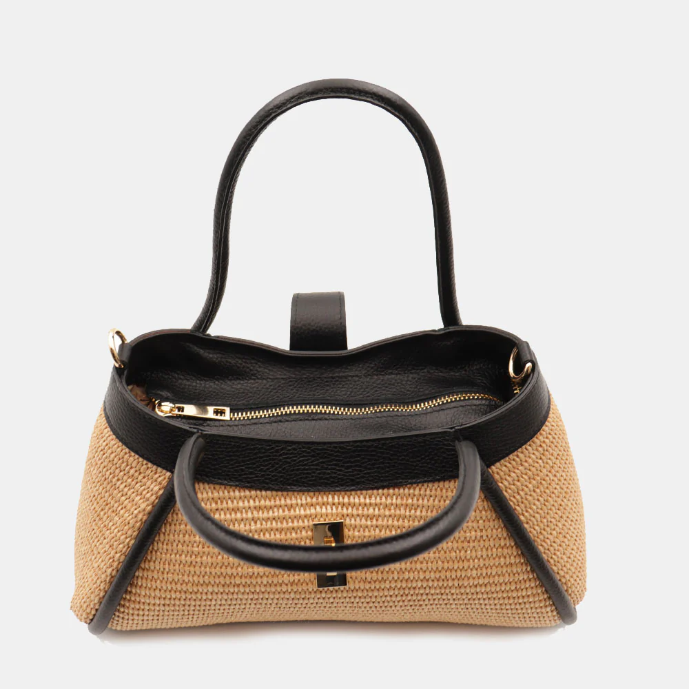 Borsa Donna a Mano VIAVERDI in Rafia e Pelle Nera Made in Italy linea Cortona - Image 5