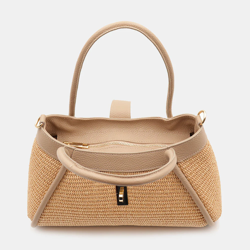 Borsa Donna a Mano VIAVERDI in Rafia e Pelle Taupe Made in Italy linea Cortona - Image 6