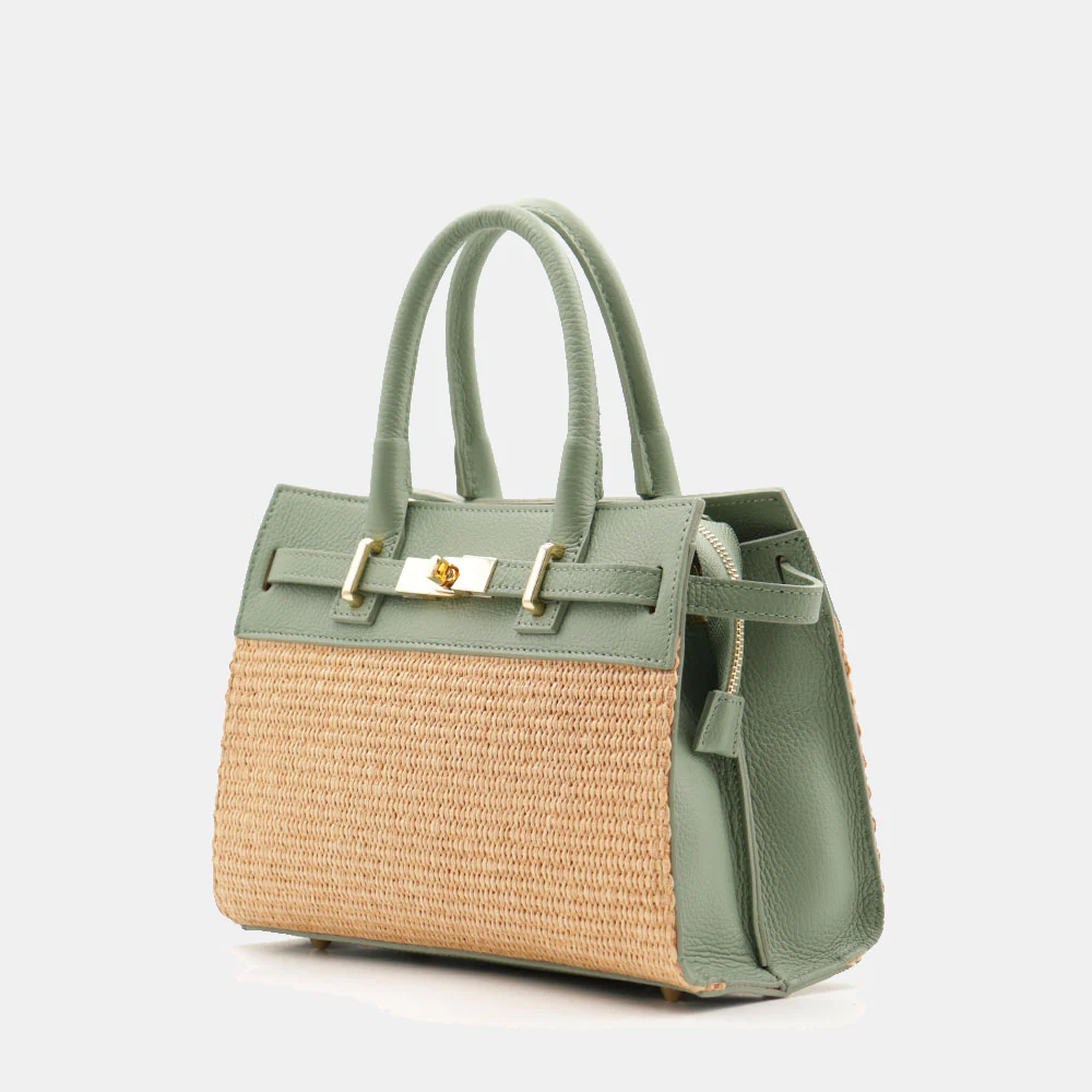Borsa Donna a Mano VIAVERDI in Rafia e Pelle Verde Menta Made in Italy linea Artimino - Image 3
