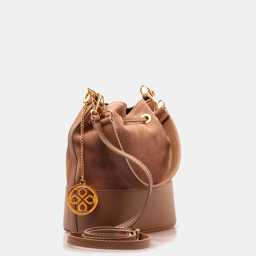 Borsa Donna a Secchiello VIAVERDI in Camoscio e Pelle Taupe Made in Italy linea Pienza - Image 3