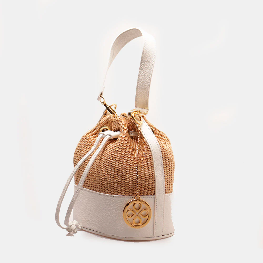 Borsa Donna a Secchiello VIAVERDI in Pelle Bianca e Rafia Made in Italy Linea Pienza - Image 2