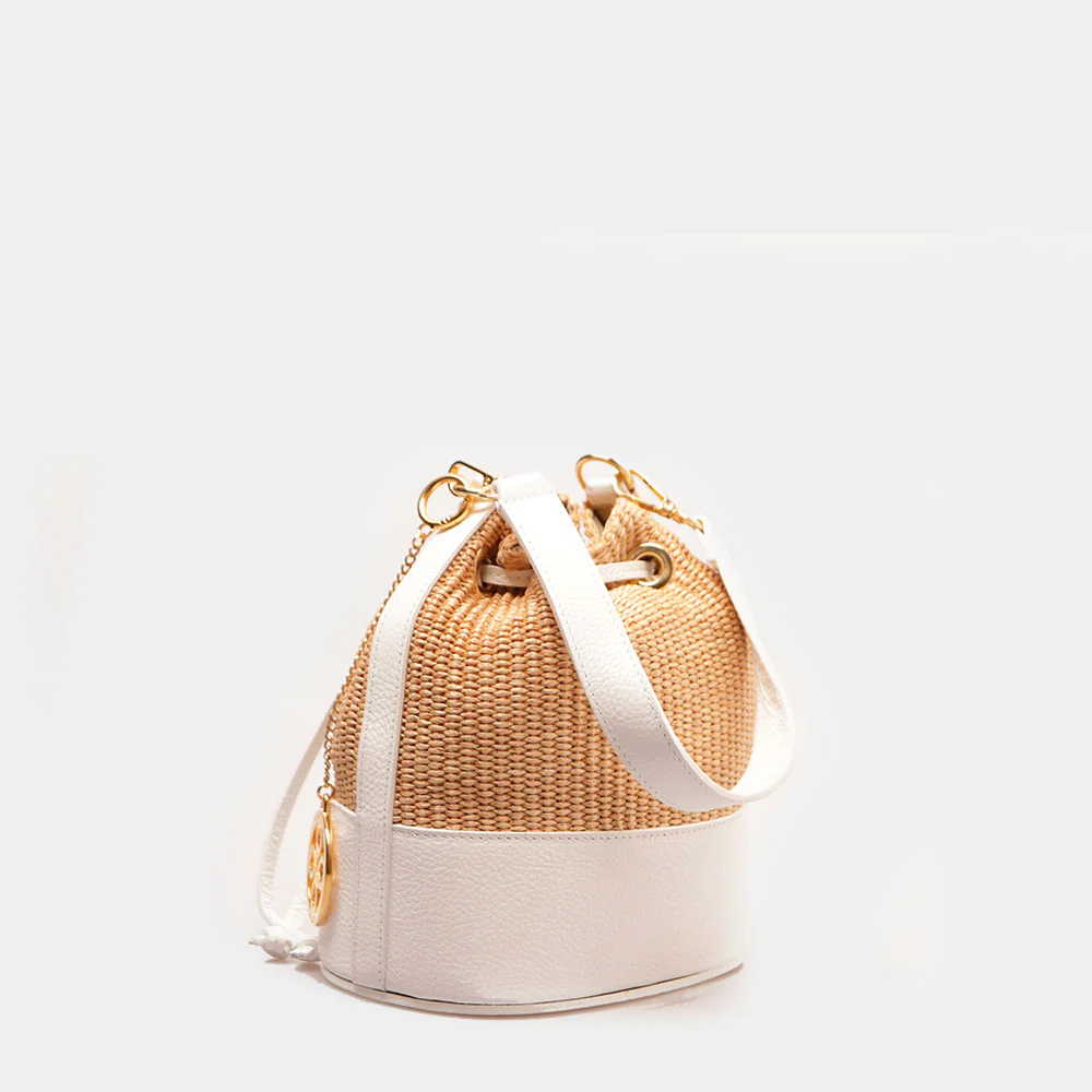 Borsa Donna a Secchiello VIAVERDI in Pelle Bianca e Rafia Made in Italy Linea Pienza - Image 3