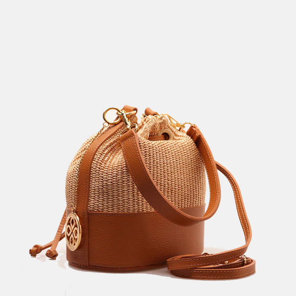 Borsa Donna a Secchiello VIAVERDI in Pelle color Cuoio e Rafia Made in Italy Linea Pienza - Image 3