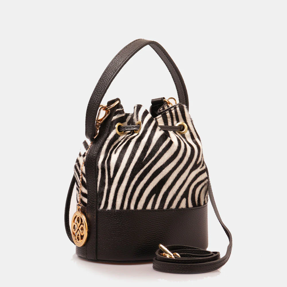 Borsa Donna a Secchiello VIAVERDI in Pelle e Cavallino Zebrato Bianco e Nero Made in Italy linea Pienza - Image 3