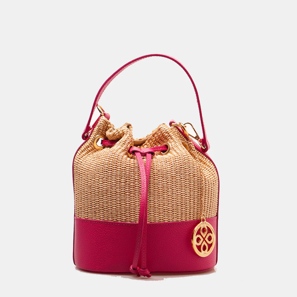 Borsa Donna a Secchiello VIAVERDI in Pelle Fucsia e Rafia Made in Italy Linea Pienza