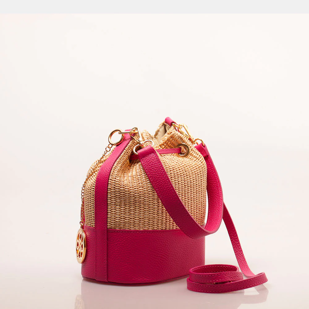 Borsa Donna a Secchiello VIAVERDI in Pelle Fucsia e Rafia Made in Italy Linea Pienza - Image 3