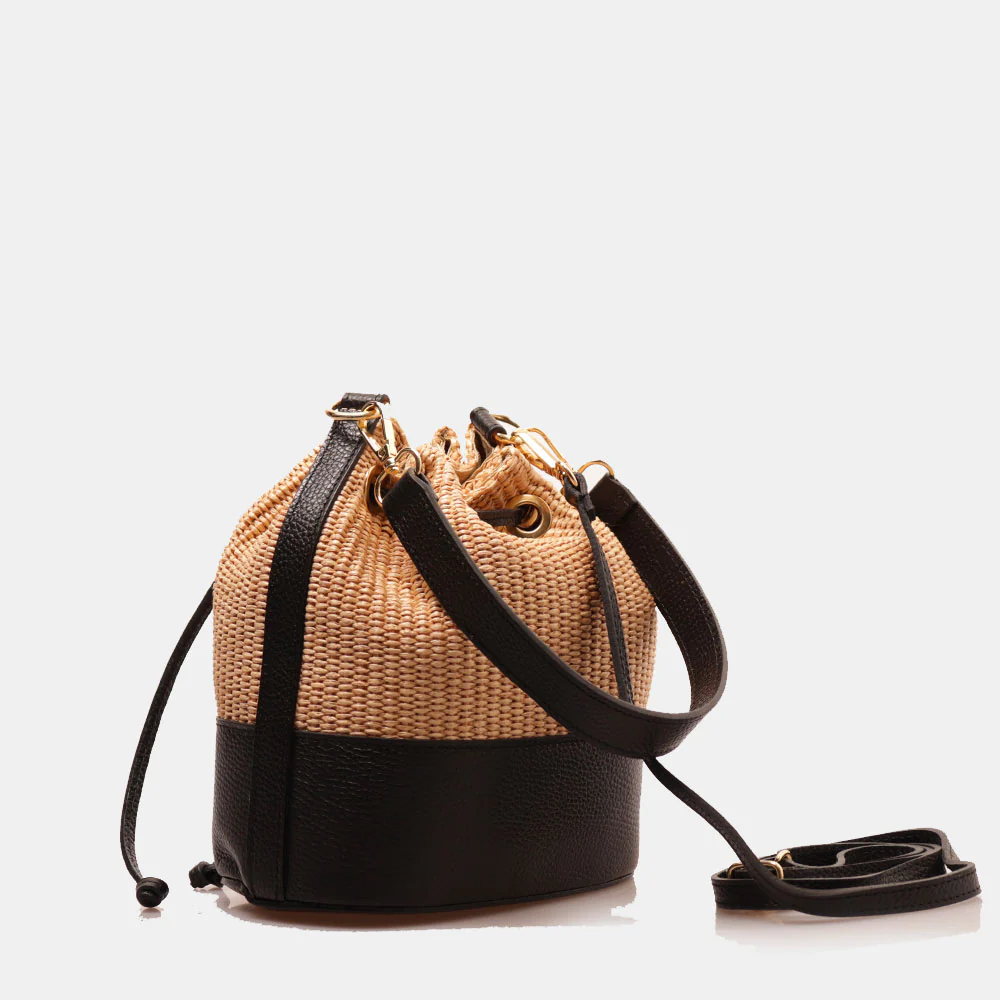 Borsa Donna a Secchiello VIAVERDI in Pelle Nera e Rafia Made in Italy Linea Pienza - Image 3