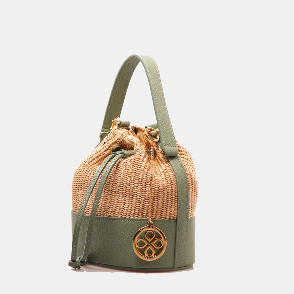 Borsa Donna a Secchiello VIAVERDI in Pelle Verde Menta e Rafia Made in Italy Linea Pienza - Image 2