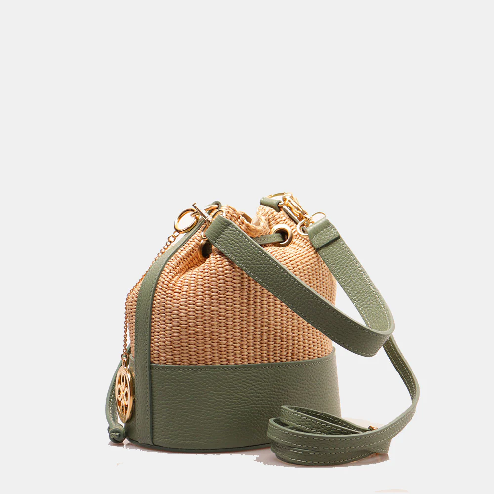Borsa Donna a Secchiello VIAVERDI in Pelle Verde Menta e Rafia Made in Italy Linea Pienza - Image 3